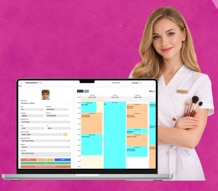 Pétale™ salon management dashboard on laptop with beauty therapist